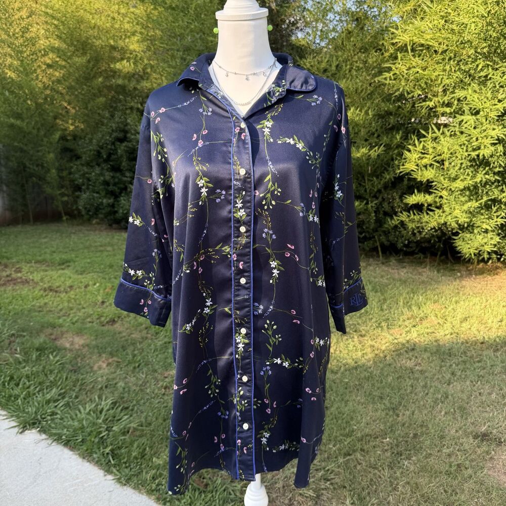 Lauren Ralph Lauren Floral Sleep Shirt Navy Satin Nightgown Pajama Medium